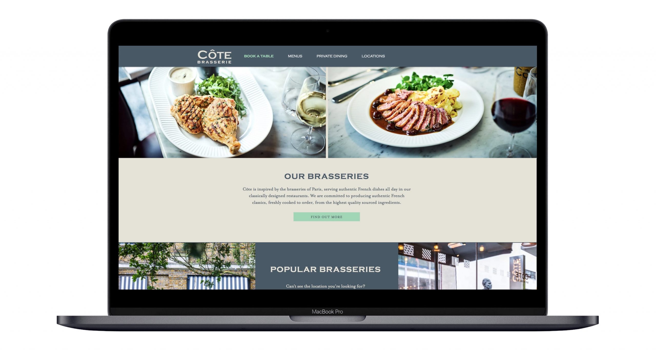 Côte Brasserie website, two plates of food with wine