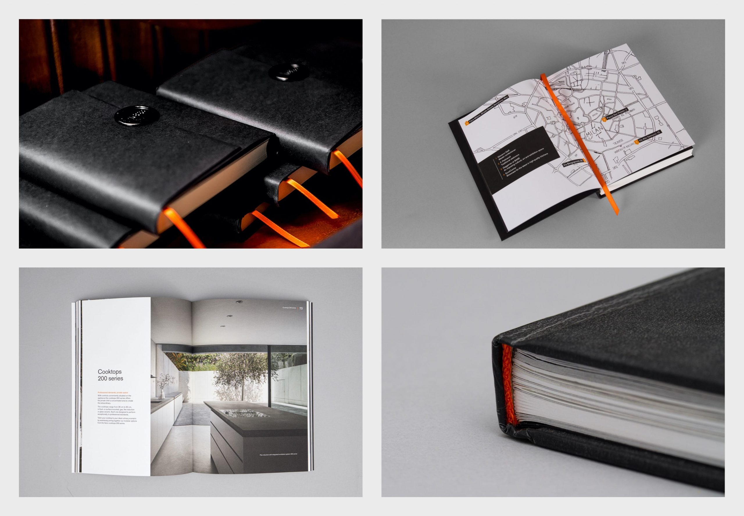 Gaggenau notebooks for events, inside spread of map, advert in a magazine, cloe up of coloured print detail