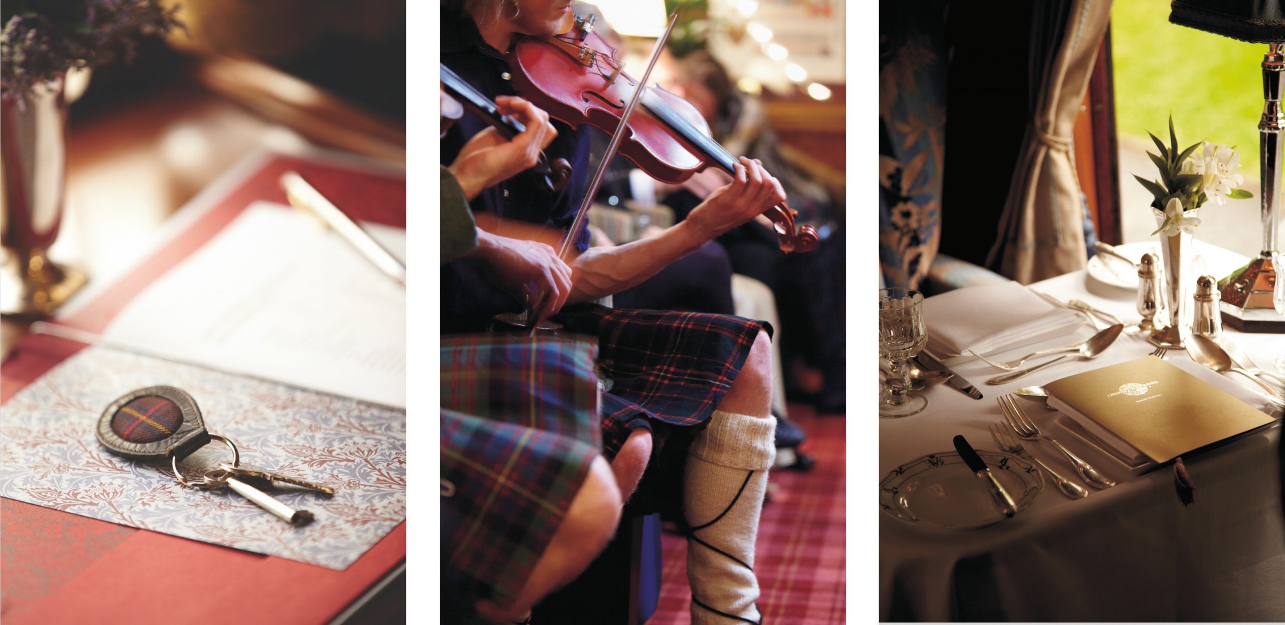 Orient-Express, keys on welcome pack, Scottish musicians, redesigned menu in the dinning car all onboard The Royal Scotsman train