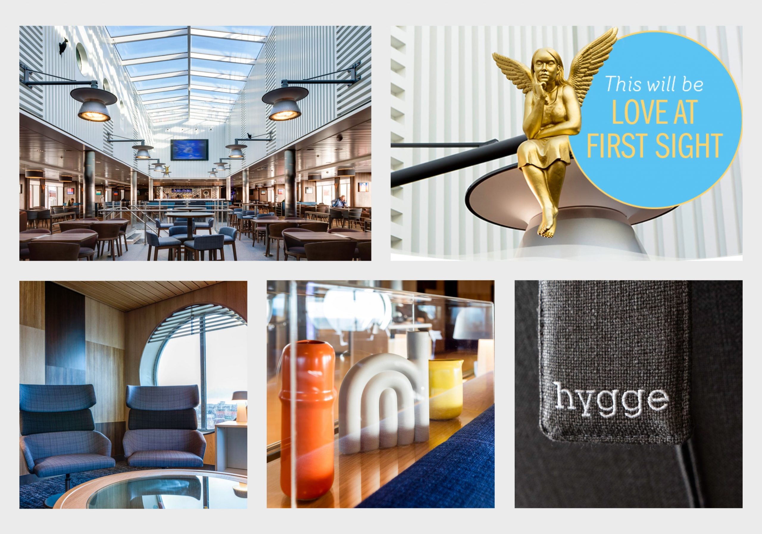 Stena Line, Stena Edda, Sky Bar and sky light, Angel 'This will be love at first sight', arm chairs, objets d'art and close up of Hygge lounge chair