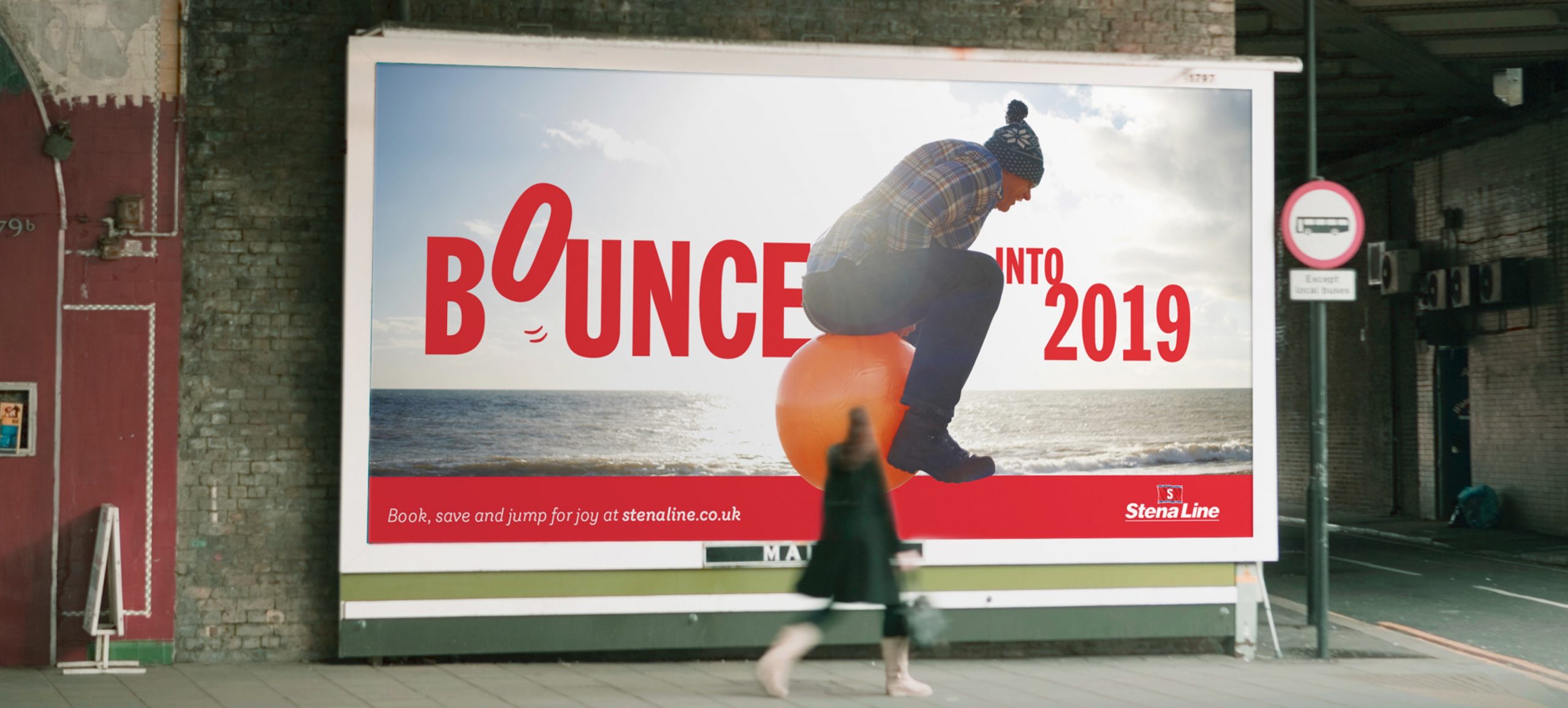Poster for Stena Line, Bounce into 2019, man on spacehopper