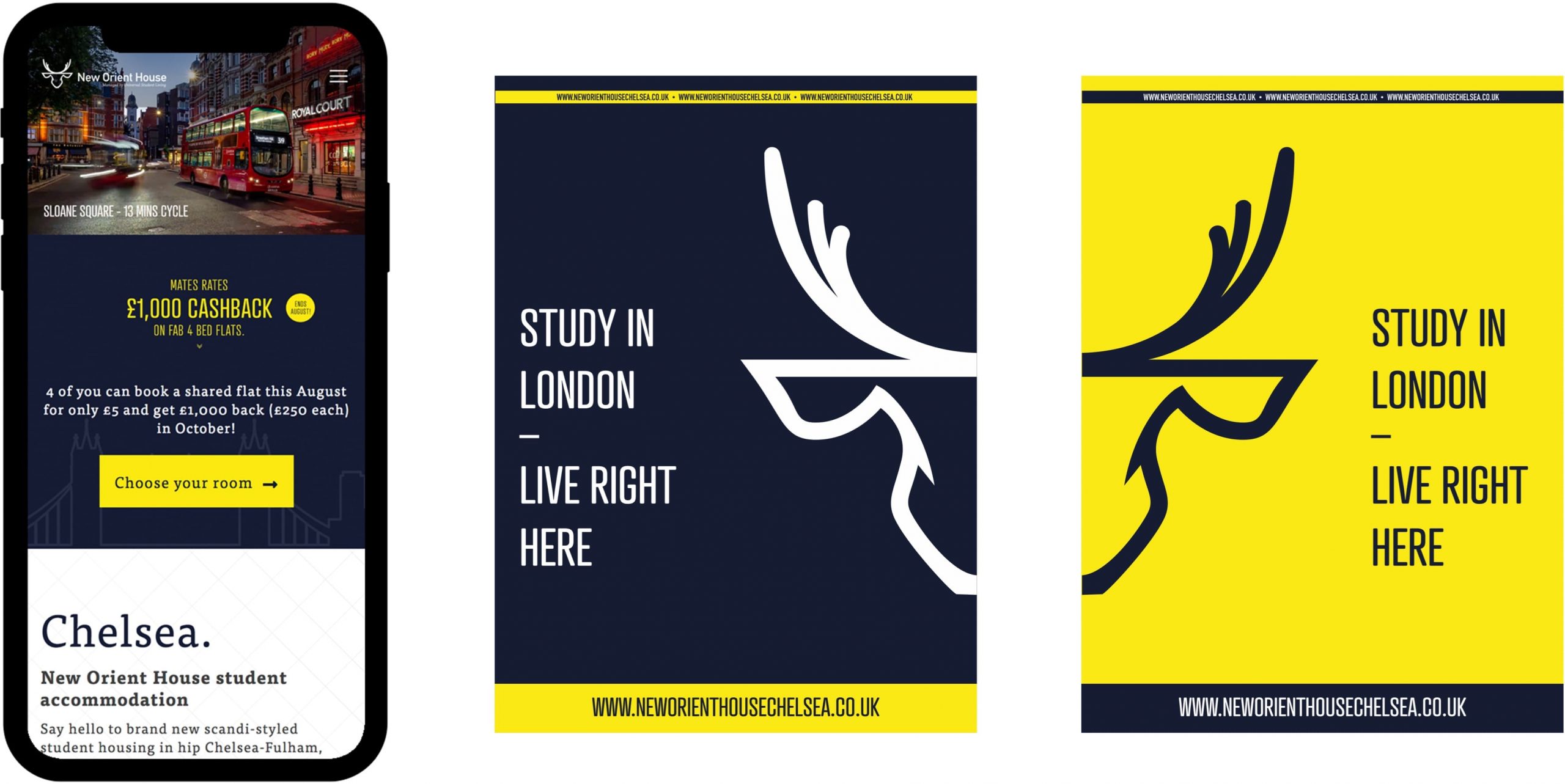 UBS student housing, Website on phone, onsite posters and scandi graphics Study in London, live right here