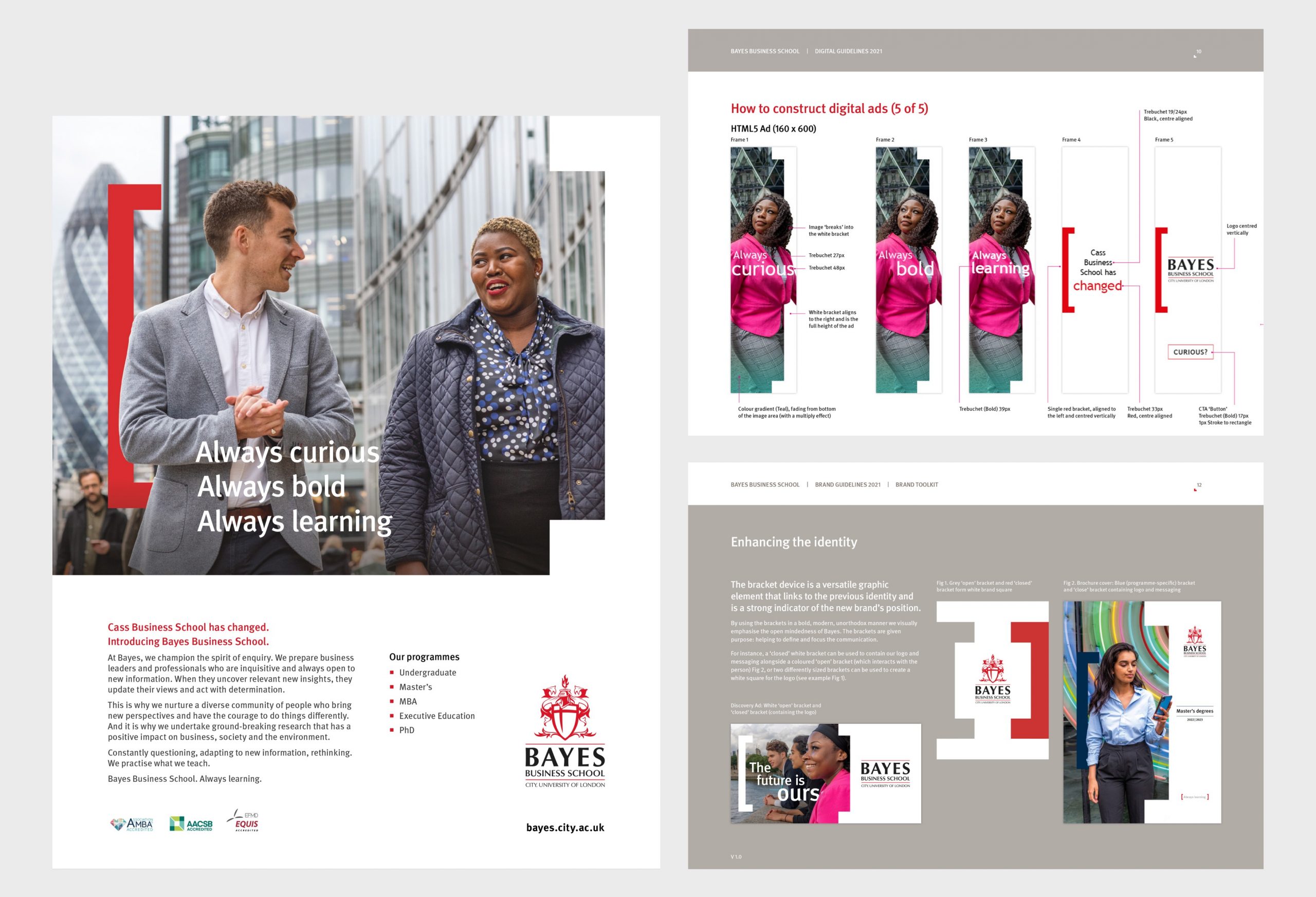 Bayes Business School rebranding advert and design guidelines.