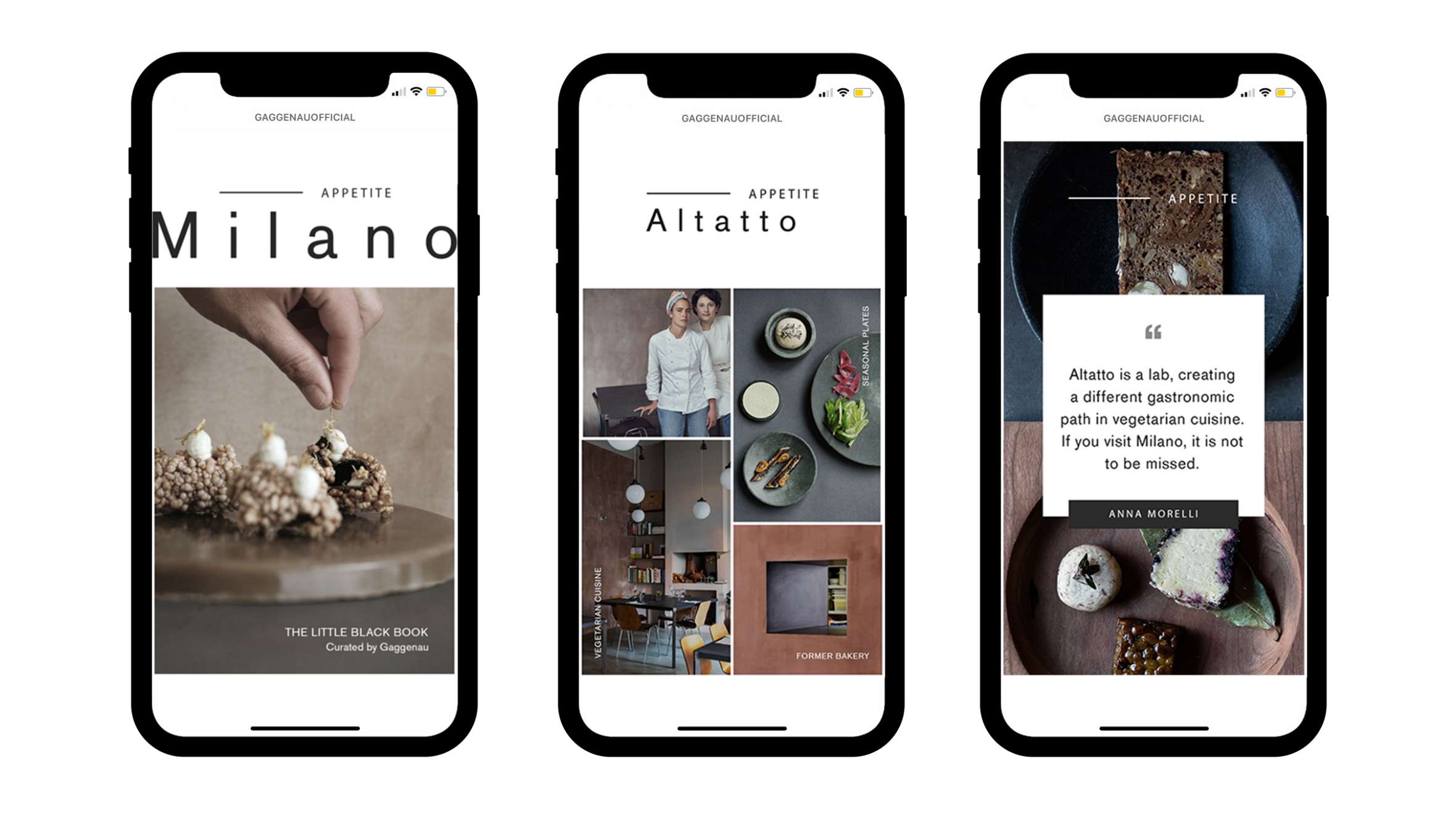 Three mobile phones with different views of the Little Black Book of Milan website