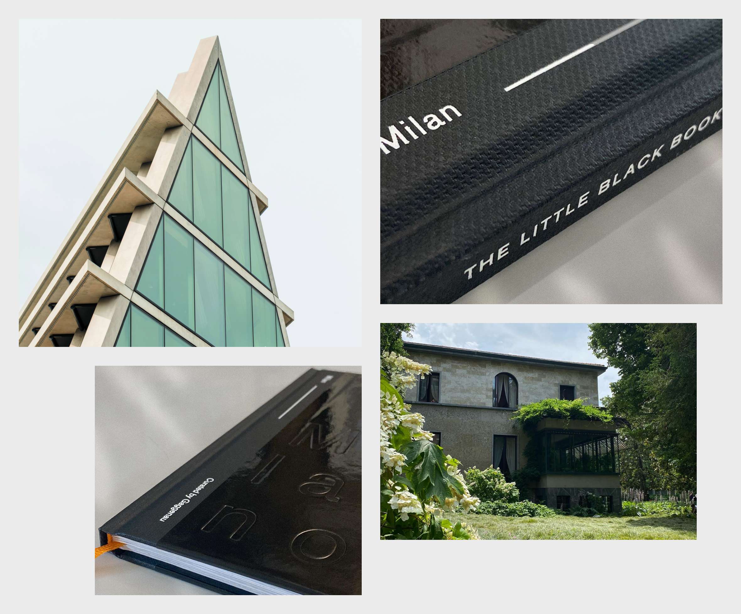 Collage of locations in Milan and detailed close-ups of the Little Black Book of Milan